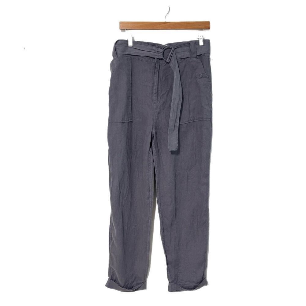 Tahari 100% Linen Pants Womens L European Grown Flax Gray Belted Straight Leg